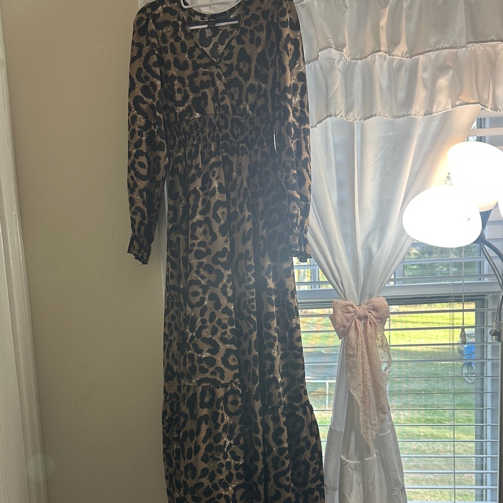SHEIN Black and Brown Leopard Print Long Sleeve Maxi Dress